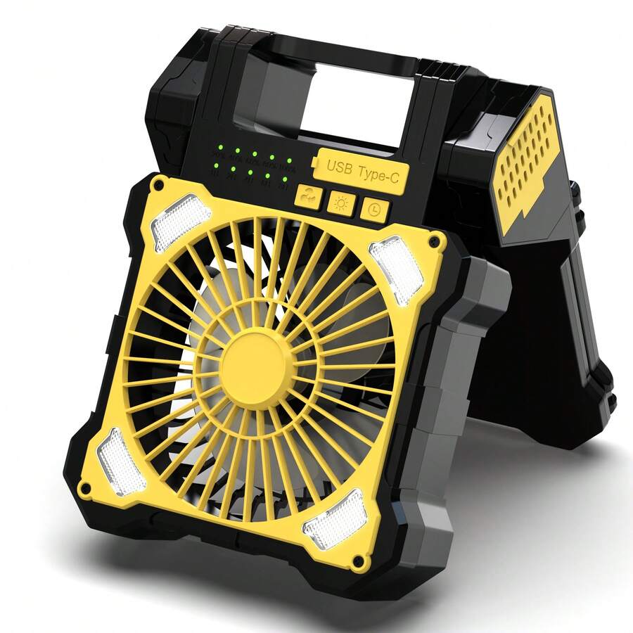 5200mah Solar Powered Camping Fan, Dual-Panel Solar Camping Fan With LED Light, 5 Adjustable Speeds Cordless Portable Fans, Quiet USB-C Desk Fans For Tent Outdoor Travel Home Workplace - Yellow - View 1