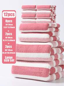 12 件/2 件/1 件珊瑚绒条纹毛巾套装 - 超柔软、吸水、不起毛、浴室毛巾套装、沙滩巾、泳池毛巾、超大浴巾，适合美容院、家庭浴室、美容沙龙、酒店运动、家居必需品、毛巾、皮肤护理等场合。 - 彩色 - 查看 24