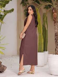 Women's Linen Midi Dress With Pockets Plain Wide Straps Elegant - 鏽棕色 - 查看 2