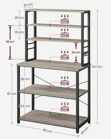 Estantería de Cocina, Estantería de Panadería, 6 Estantes y 6 Ganchos, para Microondas, Marco de Acero, Industrial, 40 x 60/80 x 167 cm, Greige y Negro - Gris Claro - Ver 7