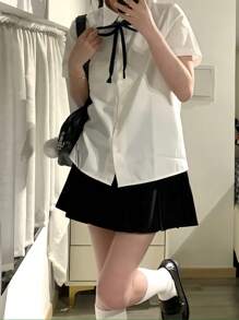 1pc Japanese School Uniform Style All-Match Loose Short Sleeve Shirt And Pleated Skirt Set, Flattering & Versatile, Suitable For Graduation Season, Photo Shoot Halloween