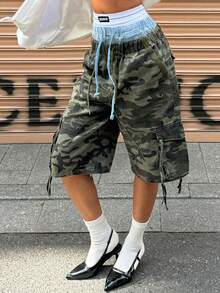 Women's Camouflage Drawstring Waist Cropped Jeans - Women's Summer Clothing - Army Green - View 1