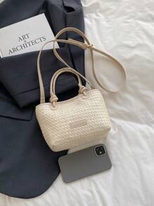 Bolso de paja mini para playa y vacaciones, bolso de hombro y de cesta tejida con nudo, bolso de compras de vacaciones elegante para damas y niñas