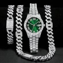 Conjunto de 3 piezas de reloj, collar y pulsera con Rhinestone, Reloj con correa de acero, calendario y caja de regalo para hombres y estudiantes, estilo hip-hop, conjunto de joyería de collar, pulsera y reloj de cumpleaños