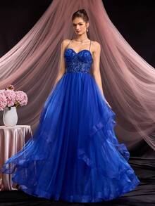 Đầm dạ hội màu xanh dương thanh lịch đính hạt, đầm dự tiệc sang trọng lấp lánh, đầm dạ hội dành cho nữ, đầm cưới mùa xuân. - Xanh đậm - Xem 3