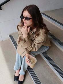 Abrigo de trinchera de mujer con cuello alto y doble botonadura en color caqui - Chaqueta de manga larga con bolsillos para uso diario, prenda exterior de moda para otoño e invierno