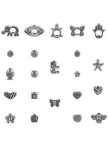 30 件/包各种尺寸锌合金守护天使翅膀、松果流苏、鱼、心、花、象、乌龟、蜜蜂、海星形状 DIY 珠宝配件吊坠，仿古镀银珠子适用于手链项链