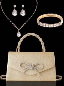 Bolso de mano de mujer nuevo brillante con strass, elegante bolso de fiesta, fashionable bolso de novia con lazo, juego de 3 piezas con strass brillantes: collar colgante de strass lujoso y exquisito, aretes, pulsera. Combinable con vestido de noche de lentejuelas, vestido de novia, vestido de fiesta. Adecuado para boda, cena, fiesta, baile.