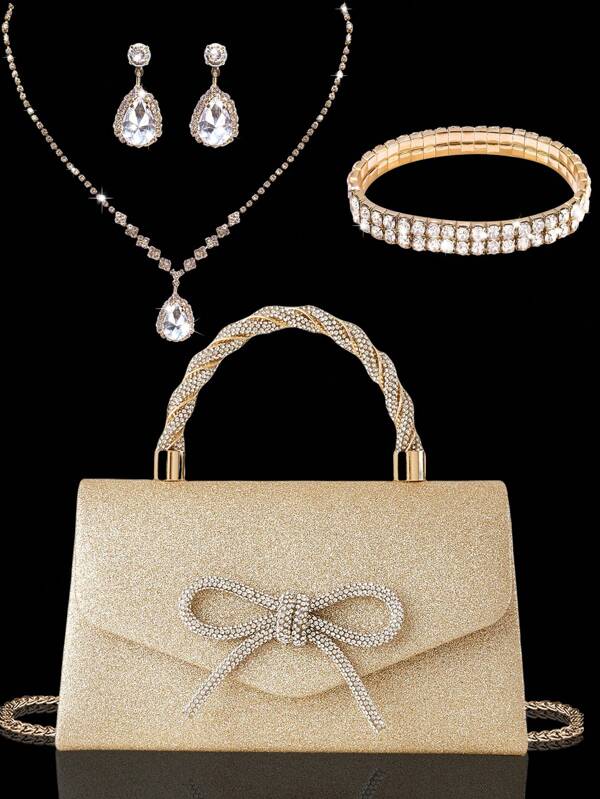 Bolso de mano de mujer nuevo brillante con strass, elegante bolso de fiesta, fashionable bolso de novia con lazo, juego de 3 piezas con strass brillantes: collar colgante de strass lujoso y exquisito, aretes, pulsera. Combinable con vestido de noche de lentejuelas, vestido de novia, vestido de fiesta. Adecuado para boda, cena, fiesta, baile.
