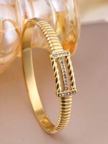 3 piezas Brazalete de acero inoxidable con elegante zirconia estilo vintage, adecuado para mujeres, regalo de aniversario de boda, brazalete apilable dorado