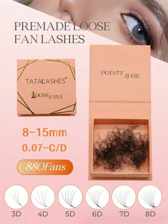 3D/4D/5D/6D/7D/8D Premade Volume Fan Lashes 880Fans In One Box 8-15mm Length 0.07 Thickness D Curl Pointy Base Loose Fan Lashes Extension