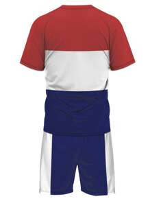 Set de 2 piezas de ropa casual de verano para hombres - Camiseta de manga corta con estampado de parches azules + Pantalones cortos deportivos con cordón, conjunto de entrenamiento para exteriores con cuello redondo