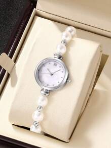 2pcs/Set Women Fashion Elegant Pearl Quartz Watch & Bracelet Set With LOVE Bracelet, Gift For Teacher's Day, Thanksgiving, Student Graduation, Birthday