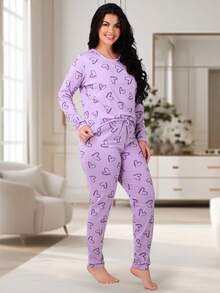 Women's Pajamas Suede Heart Pants And Long Sleeve Winter Top REF:PJCO - Màu Lilac Tím - Xem 3