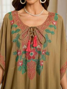 Women's Elegant Embroidered Dress Plus Size Bohemian Batwing Sleeves Dubai Abaya Casual Holiday Dresses Outfits