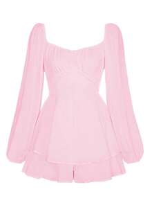 Womens Lantern Ruffle Romper Off Shoulder Puff Sleeve Flowy Lyaner Romper Dress Smocked Short Jumpsuit Playsuits - Hồng - Xem 5