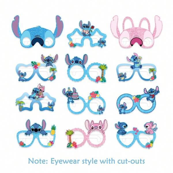 Disney 12 PIEZAS Lentes de papel oficialmente con licencia de Disney de la serie Stitch y Angel para fotomatón, decoraciones hawaianas, accesorios de fiesta y suministros