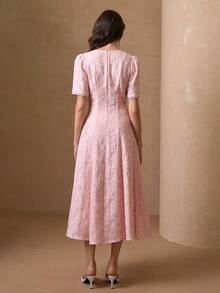 Elegant V-Neck Beaded Puff Sleeve A-Line Luxury Fashion Midi Dress For Women - Pink - View 2