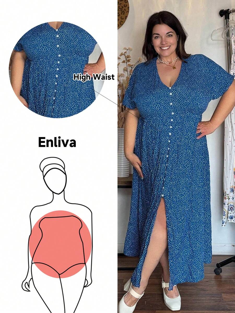 Enliva Große Größen Boho Kleid mit Polka Punkt Muster und Fledermausärmeln für Damen, ideal für den Sommer