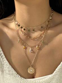 1 pièce Collier à franges géométrique circulaire, collier pendentif rond irrégulier à 4 couches avec franges en alliage et strass