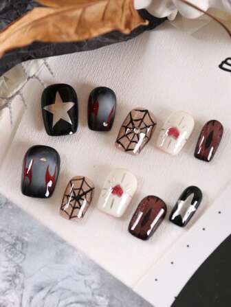 XEERCOOU 10pcs Nails Dark Short Black Spider Web Flame Love Eye Press On Nails Office DailyWear False Nails Artificial Nails Kit Includes 1sheet Adhesive Tabs &1 Pc Mini File
