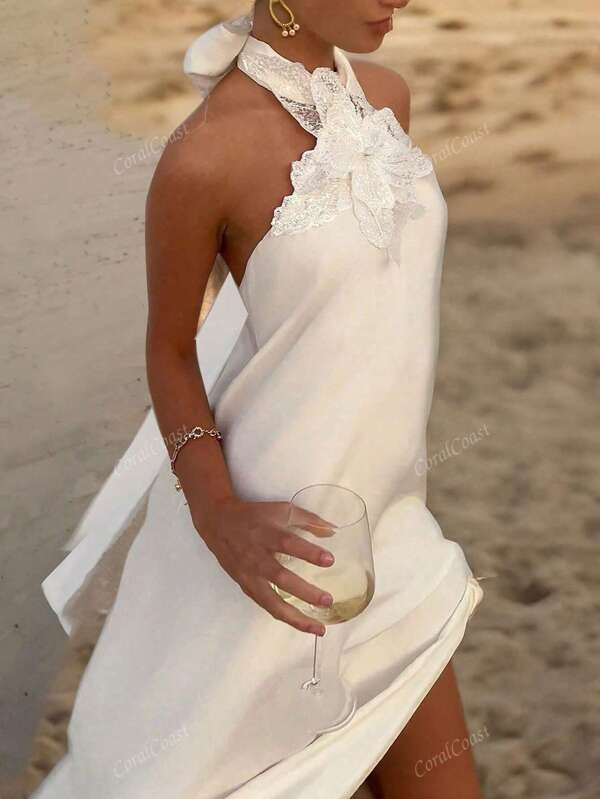 Rochie lungă sexy din satin cu decolteu halter, vacanță de vară la plajă, petrecere de nuntă, mireasă
