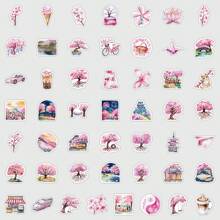 50Pcs Pink Stickers Cherry Blossom Stickers Nature Stickers Travel Stickers Outdoor Stickers Sakura Stickers Cherry Blossom Decor Floral Stickers Waterproof Vinyl Stickers Bulk For Skateboard Luggage Laptops Bumper Theme Party Supplies - Multicolor - View 3
