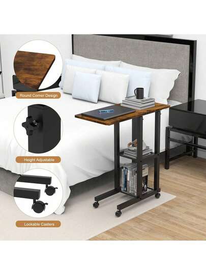 Table roulante de Lit pour Ordinateur, Table d'appoint pour bout de canapé,  Portable avec roulettes et facile pour déplacer, Hauteur réglable 65-90cm, Table avec 2 étagères intégrées, Plateau MDF 60x30cm et Cadre métal, Multi-usage pour salon, chambre, bureau et salle de bain, Marron et Noir