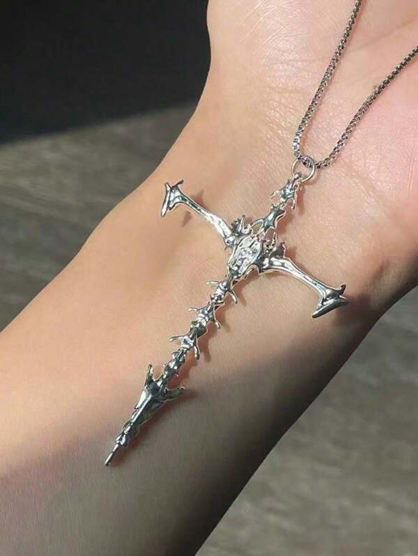 1pc Fashion Vintage Unisex Spine Cross Pendant Necklace, Punk Goth Skeleton Jewelry, Couple Streetwear Decor