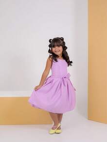 Vestido Infantil Menina Elegante Look Natal Casamento Festa Fashion Detalhes Em Pérolas Laço Traseiro Renda Delicada Vestido Midi Rodado Estiloso Mini Diva Blogueirinha Formatura Igreja Sofisticado Conforto - Lavanda - Visão 2