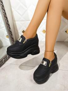 2025 Hot Selling Gold Foil Casual Sports Side Zipper Sequined Patchwork Platform Thick Sole Sports Shoes For Women, Suitable For Dancing, Square Dancing, Outdoor, All Seasons