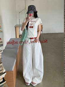 女士水洗阔腿牛仔裤，宽松休闲时尚百搭裤 - 白色 - 查看 7