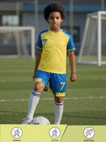 2pcs Personalized Name/Team Custom Youth Soccer Jersey Set, Casual Outfit For Teenagers, Riyadh Victory #7 Name Print - Boys Set - Children Set/Short Sleeve And Shorts Set, Sportswear/Training Suit And Casual Wear, Outdoor Perfect Choice,Customized Boys Sports & Entertain Wear,Warm Ambience,Kids,Urban Gala