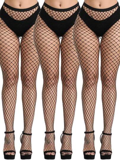 1 Pair Women's Basic Solid Black Fishnet Tights, High Elasticity For Dress, For Christmas Gift