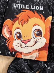 Young Boy Adorable Cartoon Lion Theme Set, Long Sleeve & Long Pants Design, Crafted With Soft & Comfortable Fabrics To Care For Delicate Skin. Cute Cartoon Lion Print Design Adds Lively Fun, Suitable For Casual Everyday Wear Or Sports, Warm And Full Of Childlike Charm.