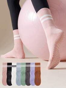 1/4/6 Pairs Women Striped Yoga Sports Socks, Spring/Summer Silicone Non-Slip Fitness Indoor Sports Mid-Calf Socks