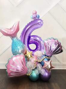 24pcs Mermaid Shell Balloon Set, 40-Inch Extra Large Purple Numeral Foil Balloon, Birthday Party Ocean Shell Theme Party Wedding Mermaid Party Decor - Multicolor - View 20