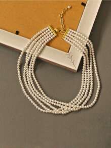 Stylish Multi-Layered Faux Pearl Necklace - Silver Plated Women's Jewelry