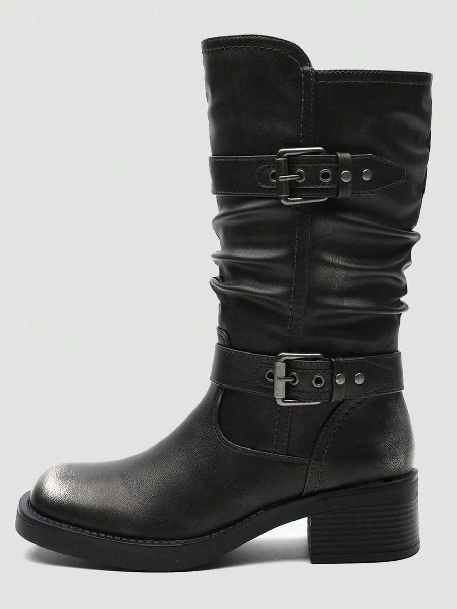 GLOBALWIN Women's Motorcycle Boots Fall Fashion Mid Calf Boots For Women Square Toe Low Heel Fall Boots Halloween Season - 銀色/黑色 - 查看 1
