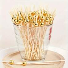 20/50/100/200pcs Set 4.7 Inch Gold Pearl Bamboo Chopsticks, Fruit Picks, Heart Shaped Appetizer Toothpicks, Suitable For Burgers, Sandwiches, Cakes, Fruit Desserts, Party Supplies, Wedding Decoration