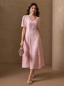 Elegant V-Neck Beaded Puff Sleeve A-Line Luxury Fashion Midi Dress For Women - Pink - View 5