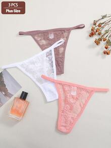 3pcs Plus Size Women's Sexy Lace Design Underwear Sets, Comfortable Solid Color Texture G-String Panties & Bras, Valentine's Style - Multicolor - View 3
