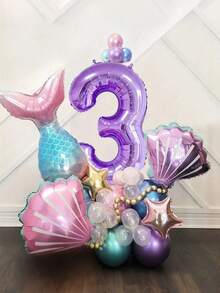 24pcs Mermaid Shell Balloon Set, 40-Inch Extra Large Purple Numeral Foil Balloon, Birthday Party Ocean Shell Theme Party Wedding Mermaid Party Decor - Multicolor - View 5