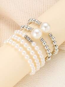 5件套时尚复古夸张奢华优雅CCB珍珠串珠多层手链套装，黄金银个性创意微镶嵌饰品，女士节日婚礼派对约会日常搭配，性价比高 - 黃色 - 查看 7