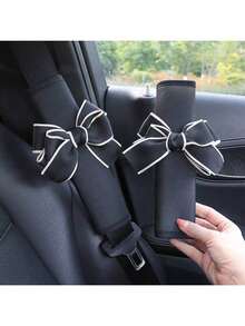 Car Seat Belt Shoulder Guard Bow, Car Leather Shoulder Guard Cover, Anti-Strangling Neck, Fashionable Car Interior - Black - View 2