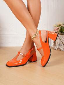 女士时尚 T 型带扣后跟设计粗跟高跟鞋，优雅的日常装扮装饰，漆皮百搭高跟鞋，完美搭配服装 - 橘色 - 查看 5