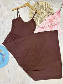 Long Dress With Cups, Viscose Fabric, Comfortable Fashion - Cà phê nâu - Xem 1