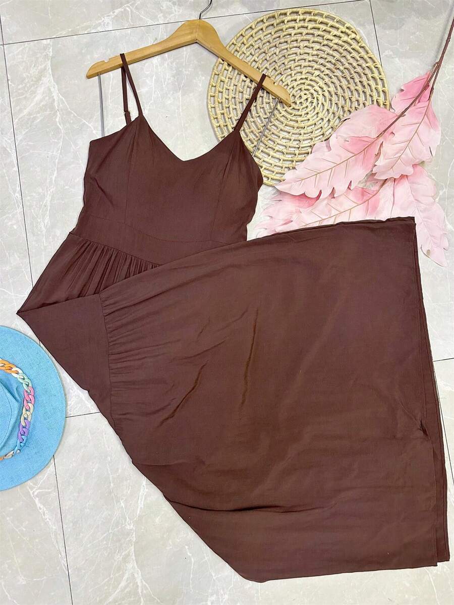 Long Dress With Cups, Viscose Fabric, Comfortable Fashion - Cà phê nâu - Xem 1