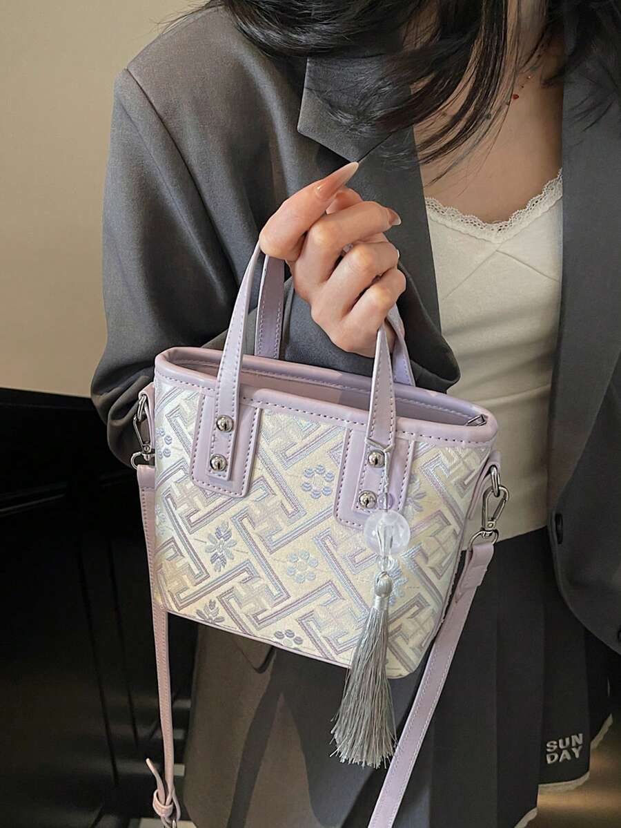 2025新款中国风刺绣女士手提包，春夏时尚水桶包，别致的单肩包/斜挎包，带有随机图案装饰 - 紫色 - 查看 1