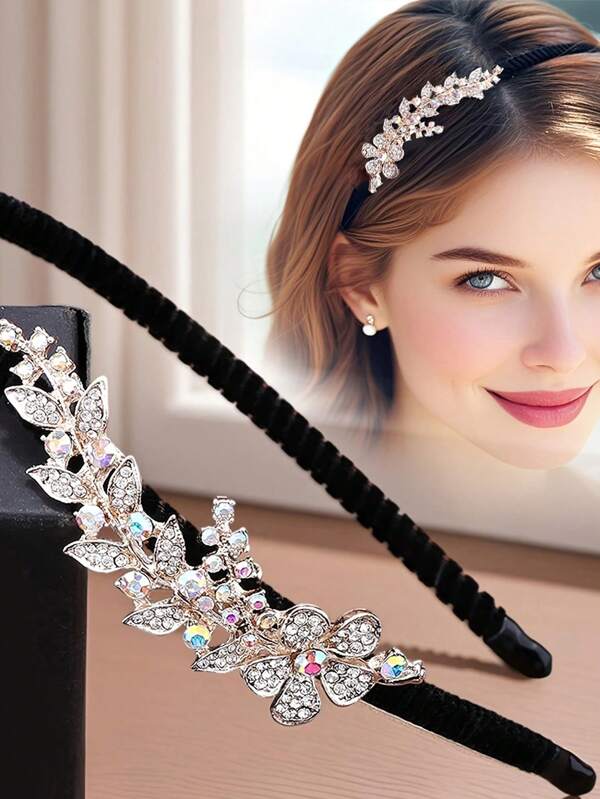 Uma Tiara Clássica com Flor de Espiga de Trigo, Tiara com Pedras Brilhantes Quebradas, Pequenas Flores Brilhantes, Tiara Ondulada Colorida